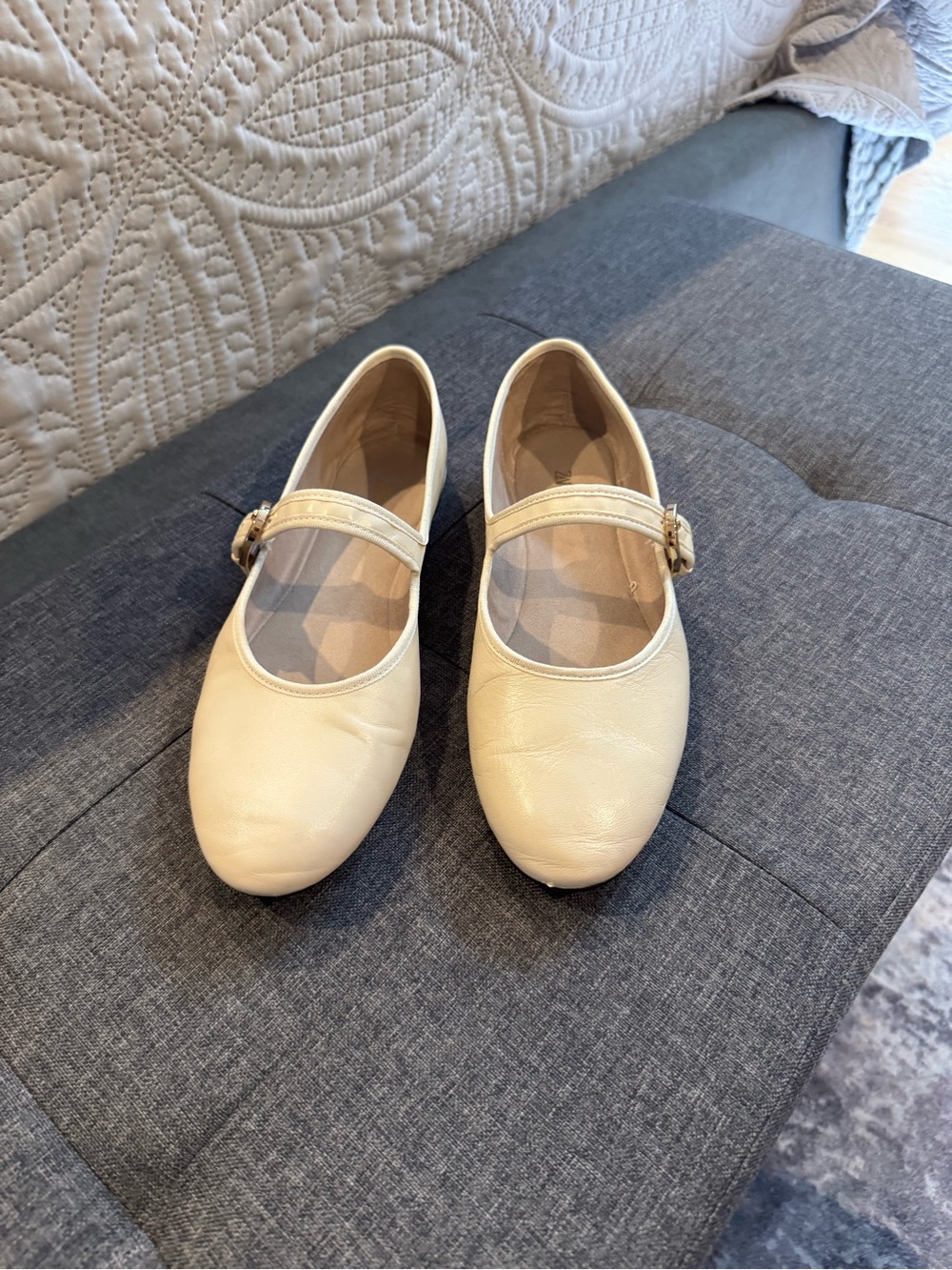 Zara Cream Off-White Mary Jane Flats with Buckle Strap